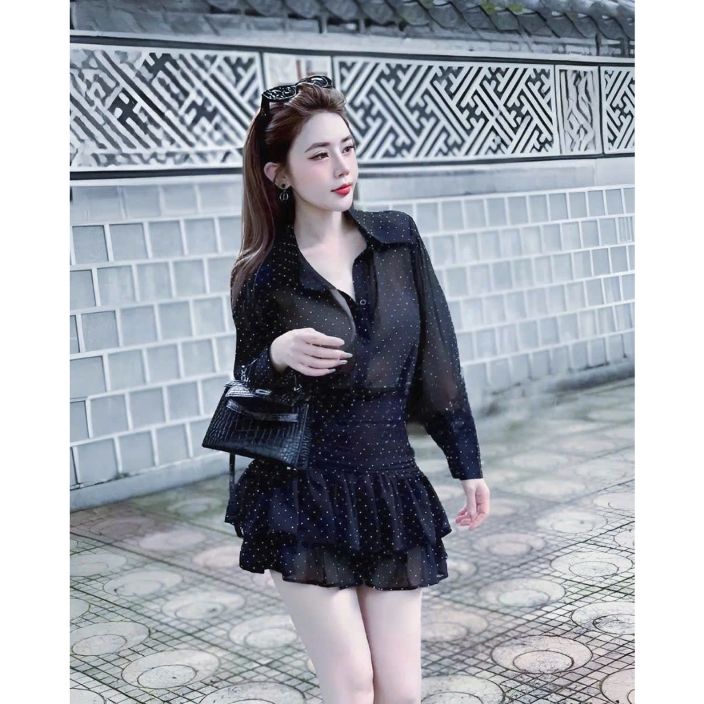 Set váy sơ mi đính full đá phối chân váy tầng xoè mặc được hai kiểu áo tay dài dáng rộng QC. Màu y hình🌹🌹    SHOPBOSTO | BigBuy360 - bigbuy360.vn