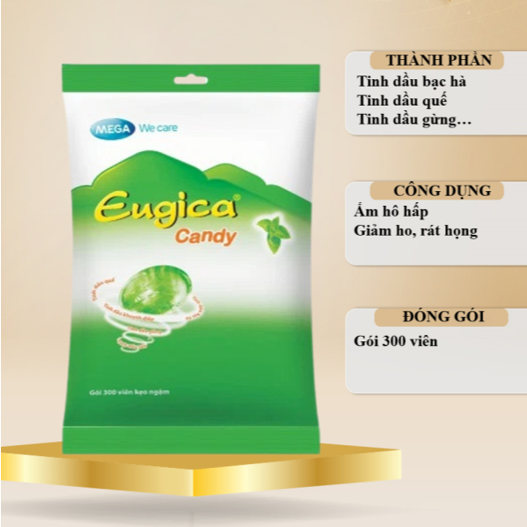 Kẹo ngậm thảo dược Eugica - Hỗ trợ giảm ho, giảm đau rát họng - Gói 300 viên.