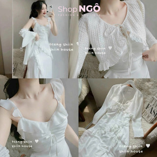 Set đầm khoác - Đầm thời trang nữ 2 dây tầng viền dây bèo chéo tà kèm khoác cực xinh cho các nàng dạo phố, đi du lịch
