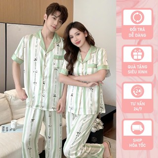 Đồ ngủ pyjama nam nữ Shury Store Home Wear CND1 size 45-95kg màu trắng tay ngắn quần dài bộ đôi couple chất lụa băng mềm