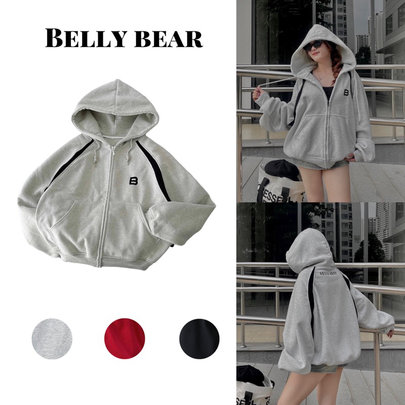 Áo Khoác Hoodie Zip Nỉ Bông Form Boxy Chữ Thêu Belly Bear Unisex Dành Cho Nam Nữ
