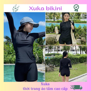 Đồ bơi nữ tay dài kín đáo đồ đi biển 2 mảnh bikini khóa kéo quần đùi ôm năng động thể thao Xuka