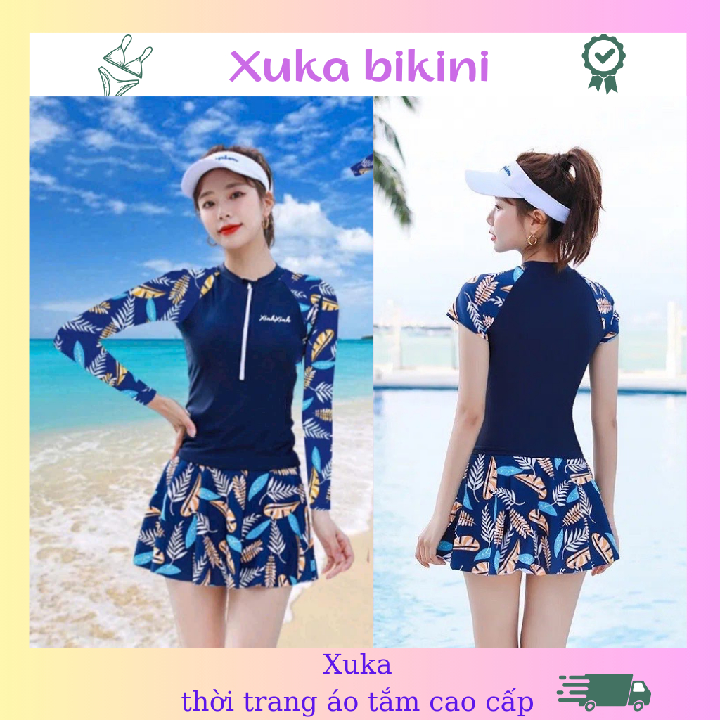 Đồ bơi kín đáo nữ, bikini 2 mảnh đi biển dáng váy cạp cao dể thương áo dài có tay che khuyết điểm xanh than họa tiết lá | BigBuy360 - bigbuy360.vn