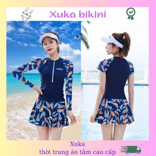 Đồ bơi kín đáo nữ, bikini 2 mảnh đi biển dáng váy cạp cao dể thương áo dài có tay che khuyết điểm xanh than họa tiết lá