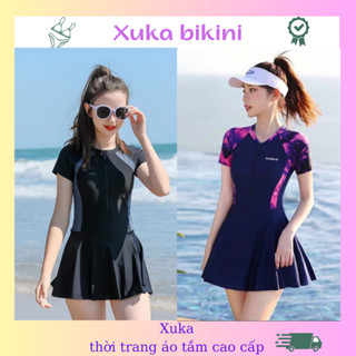 Bộ đồ bơi liền thân nữ, đồ bơi tay ngắn phối váy kín đáo dây kéo dể thương Xuka 97