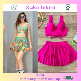 Đồ Bơi 2 Mảnh Bikini Kín Đáo Nâng Ngực Gọng Vuông 2 Dây Váy Xòe Cạp Cao Che Bụng XUKA Xk21