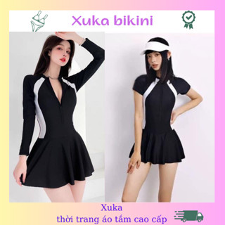 Bộ Đồ Bơi Liền Thân Kín Đáo, Đồ Bơi Đi Biển Nữ Tay Dài Ngắn Tay Phối Trắng Dây Khóa Kéo Phối Váy Thể Thao XUKA 70
