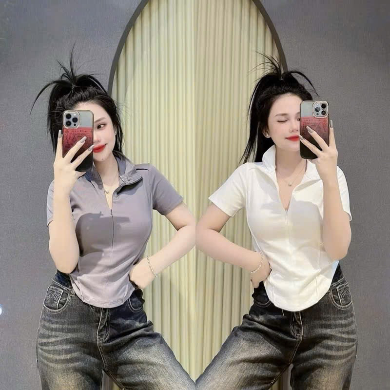 Áo Thun Nữ Tay Ngắn Cổ Bẻ Dây Kéo Chất Đẹp Tôn Dán