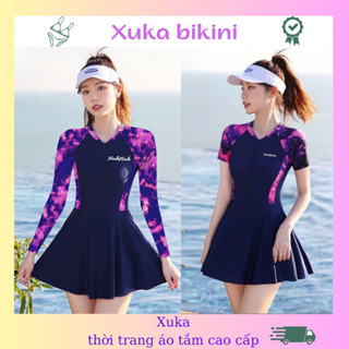 Đồ bơi nữ kín đáo bikini liền thân váy đồ bơi tay dài đi biển đẹp phối màu tím che khuyết điểm duyên dáng Xuka
