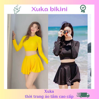 Đồ bơi nữ tay dài kín đáo bikini 2 mãnh áo có mút ngực váy xòe lưng cao che bụng bên trong có quần đùi Xuka
