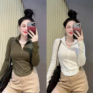 Áo thun kiểu tay dài dây kéo cổ bẻ ôm body tôn dáng siêu đẹp