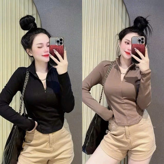 Áo thun kiểu tay dài dây kéo cổ bẻ ôm body tôn dáng siêu đẹp