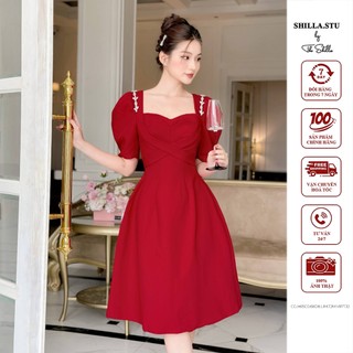 Shilla - CG.H65C0.68D8 - Váy thiết kế cao cấp màu đỏ cổ vuông dây đính kết sang trọng