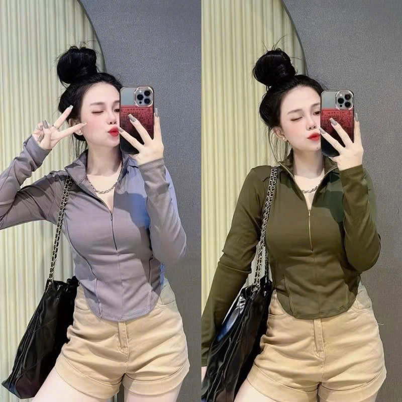 Áo thun kiểu tay dài dây kéo cổ bẻ ôm body tôn dáng siêu đẹp