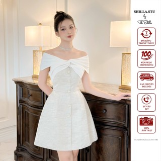 Váy đầm thiết kế cao cấp màu kem xanh trễ vai nơ sang trọng [ Ảnh thật ] The Shilla-T43B70.62D2