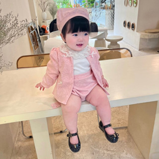  Body Cho Bé Set 4 Chi Tiết Áo Tăm Lạnh Cổ Ren Phối Áo Khoác Và Quần Chất Tăm Lông Thỏ Hồng Kèm Mũ Nồi Xinh Cho Bé 3-11kg 