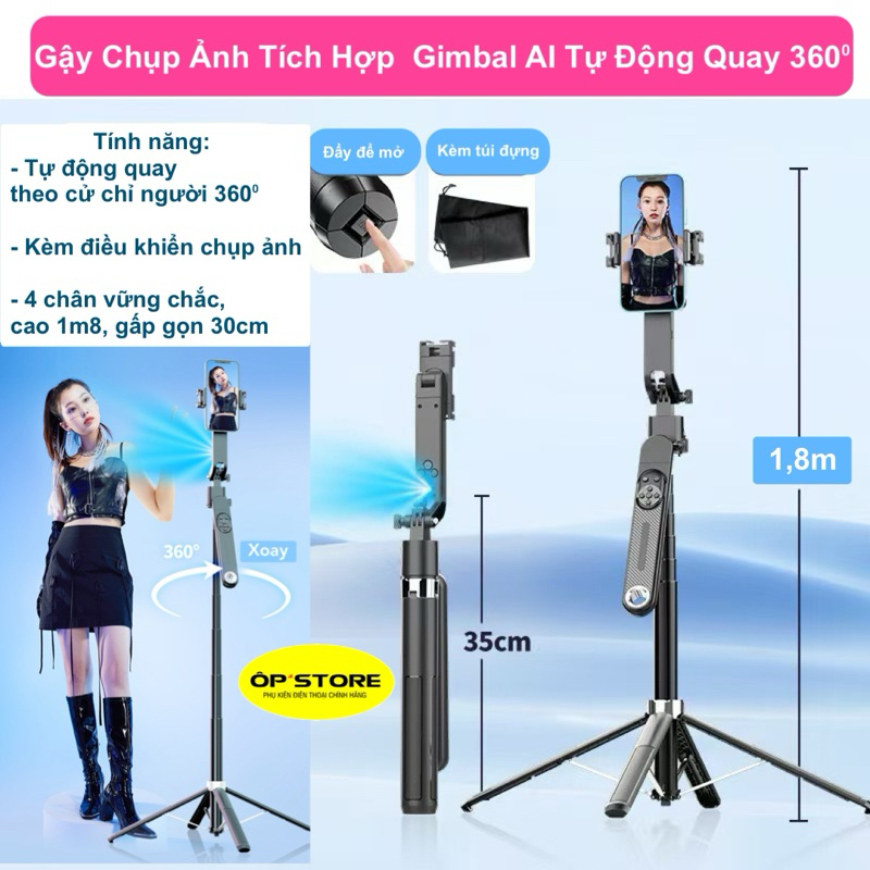 Gậy Chụp Ảnh Tích Hợp Gimbal AI Tự Động Quay 360 Q515TK, Cao 1m8, 4 Chân vững chắc, quay theo cử chỉ
