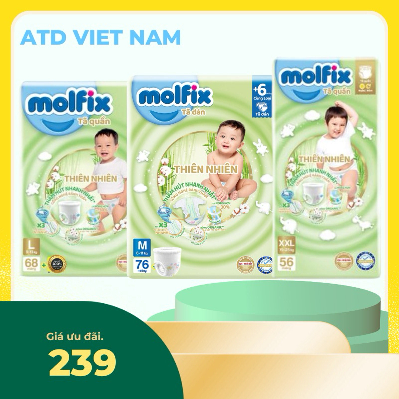 Bỉm , Tã Quần Molfix M76,L68,XXL56, S90+10 - Oganic, Sợi Tre Chính hãng giá tốt