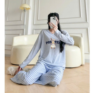 Sét Bộ nữ Cổ Tim tay dài, Đồ bộ nữ Áo dài tay cổ V, quần dài Caro LAMFASHION, Sét bộ mặc nhà mặt ngủ thun giấy, kate