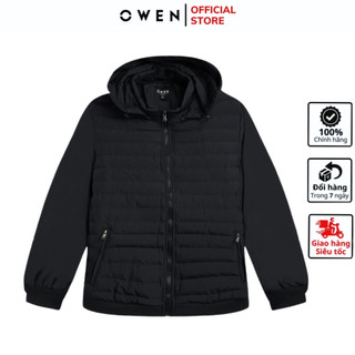  Áo khoác nam Owen JK241490 phao cổ đứng màu đen vải poly cao cấp dáng suông có khóa kéo túi 
