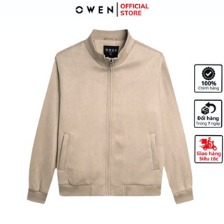 Áo khoác nam Owen JK241482 Jacket cổ đứng màu be trơn da lộn vải poly cao cấp dáng suông có khóa kéo túi