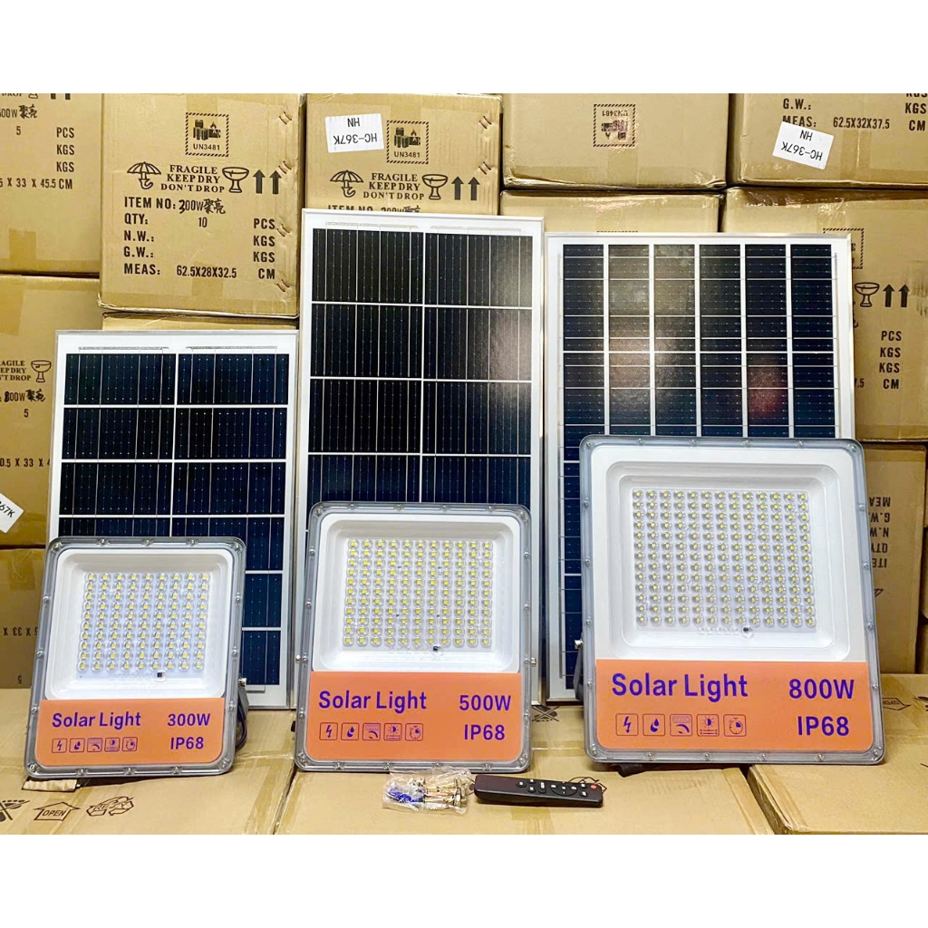 Đèn pha năng lượng mặt trời 300W, 500W & 800W, Bi cầu lồi, vỏ nhôm, có báo pin