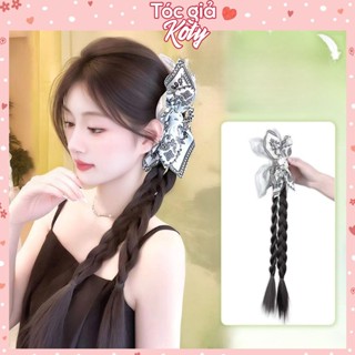 Đuôi tóc giả tết bím phối nơ vải trắng, tóc giả đuôi ngựa thắt bính cho nữ T453