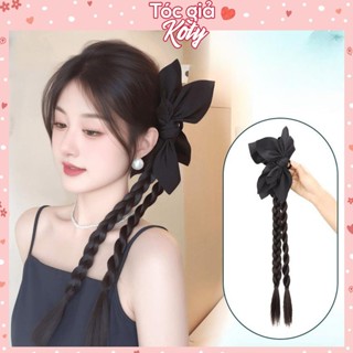 Kẹp đuôi tóc giả thắt bính phối nơ vải đen, tóc giả đuôi ngựa tết bím cho nữ T453