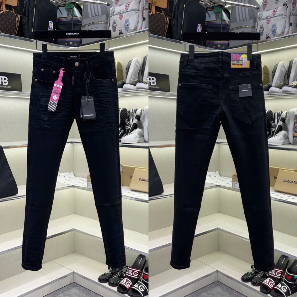 Quần jean bò nam DSQ slimfit đen trơn dập nhăn 3D treo tag chữ hồng eo 4 cúc basic boy phố QJ612P