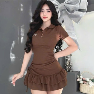 đầm cổ bẻ tay ngắn 2 tầng dưới rút dây 1 bên chất tăm đẹp lsg