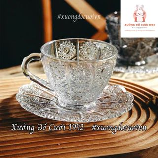 Bộ 6 Set Chén Tách Trà Kèm Đĩa Thuỷ Tinh, Cốc Dùng Trong Tiệc Trà Bánh, Trang Trí Nhà Hàng Quán Cafe