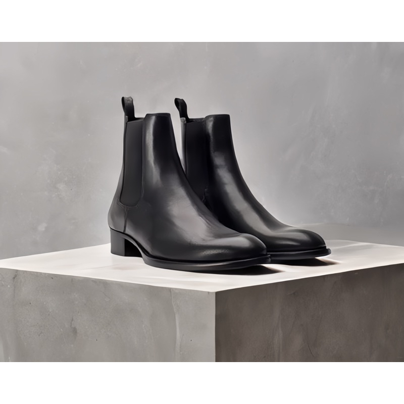 Chelsea boots da bóng nappa đế cao su 5cm mũi tròn