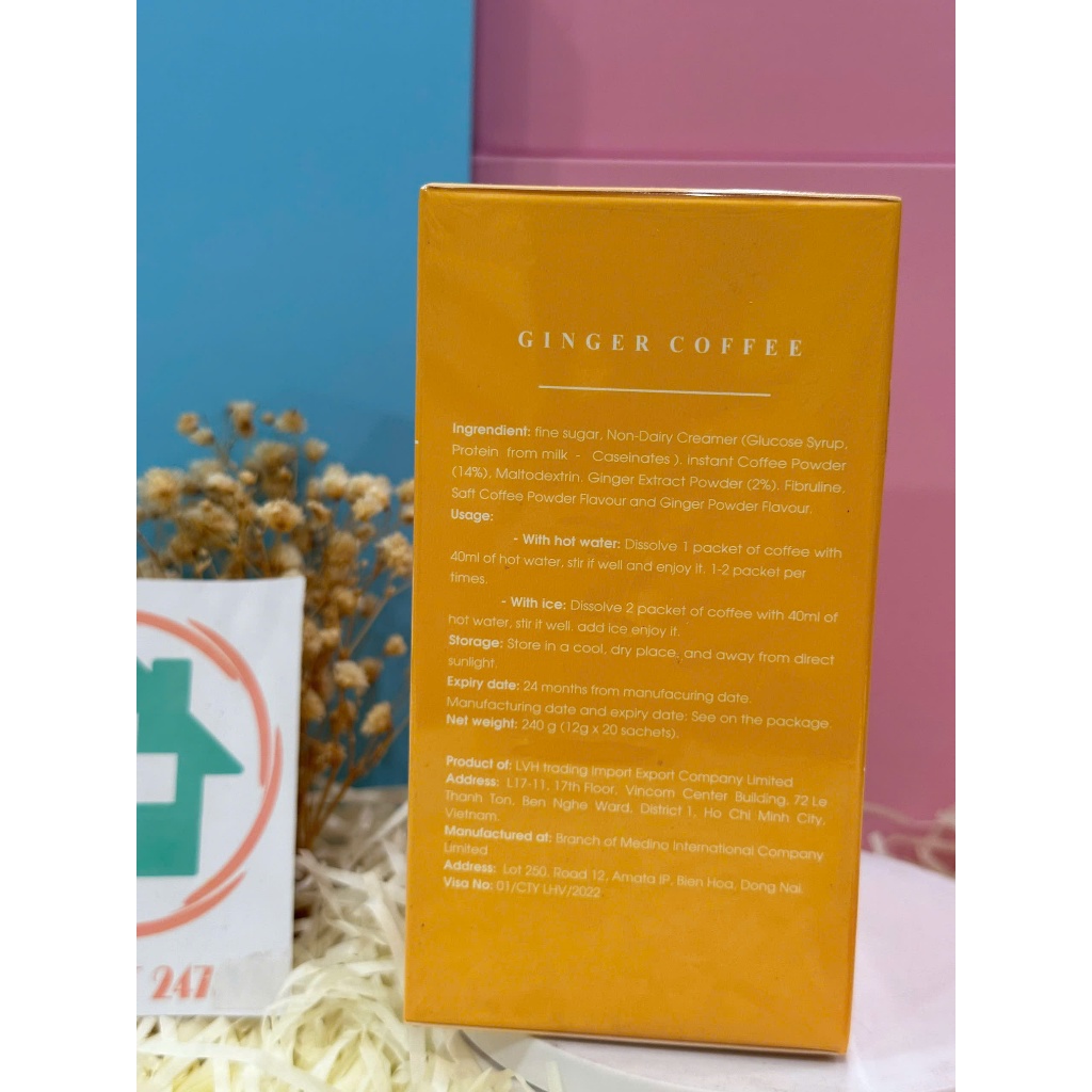 Cafe giảm cân Ginger coffee cà phê gừng giảm cân, giảm mỡ bụng, vòng eo, an toàn, hiệu quả, hộp 20 gói