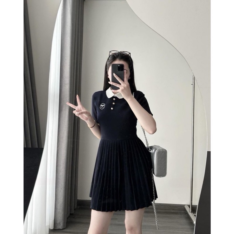 [Hàng Shop]: Váy Xanh Than Cổ Sen Phối Trắng Thêu Nơ Đuôi Xếp Ly 2 Lớp Có Lót Quần Bảo Hộ [V83] Lollaye | BigBuy360 - bigbuy360.vn