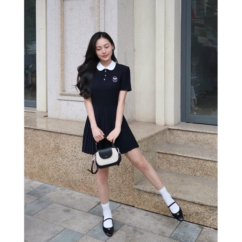 [Hàng Shop]: Váy Xanh Than Cổ Sen Phối Trắng Thêu Nơ Đuôi Xếp Ly 2 Lớp Có Lót Quần Bảo Hộ [V83] Lollaye | BigBuy360 - bigbuy360.vn