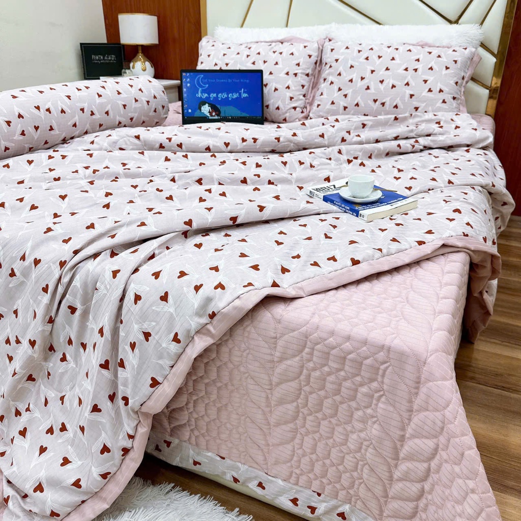 Set chăn ga gối Cotton lụa 5 món cao cấp - ga trần phủ bèo + chăn trần bông miro cao cấp