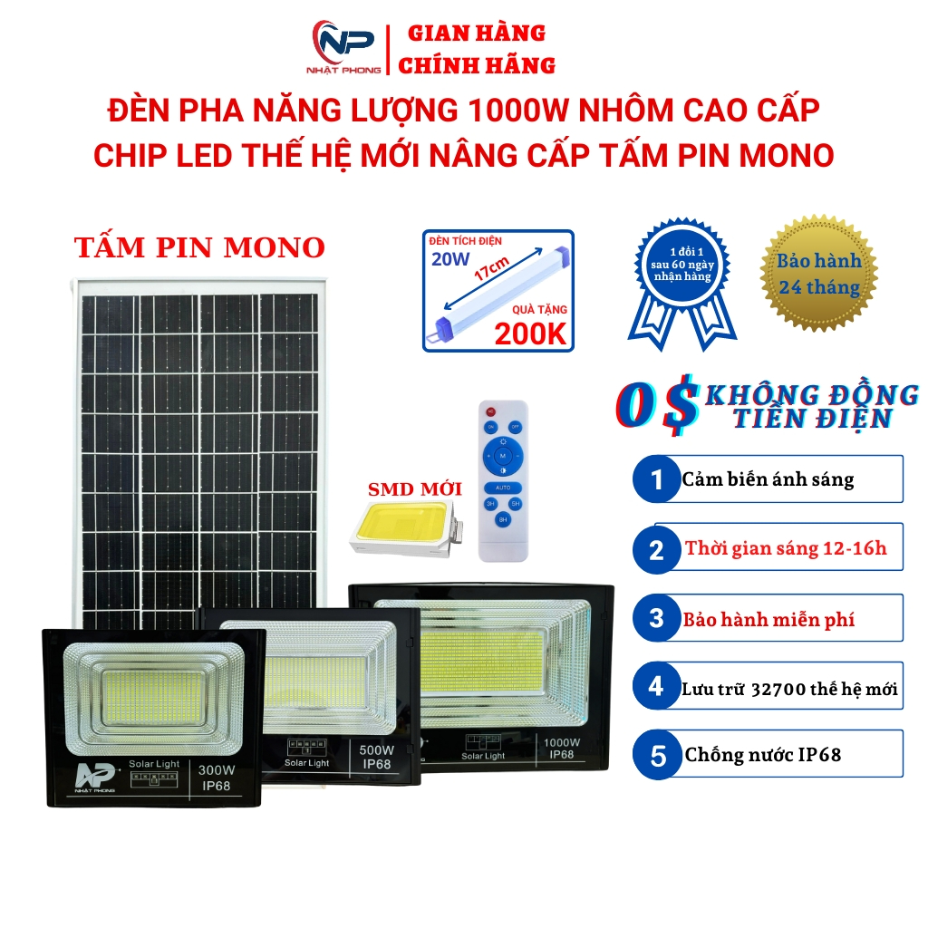 Đèn Năng Lượng Mặt Trời SHOP NHẬT PHONG Đèn Pha Năng Lượng 500W,200W,100W Vỏ Nhôm,Đèn Báo phần Pin,C