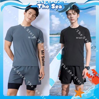 Bộ đồ bơi nam thể thao quần 2 lớp áo trơn in Mr Swim tay ngắn kín đáo đi biển màu xám và đen The Sea 050