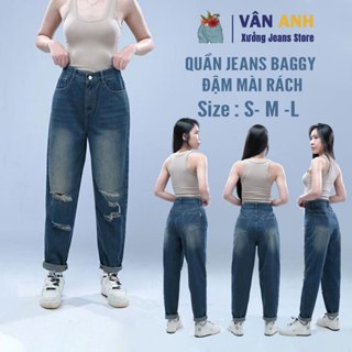 Quần jean Vân Anh nữ kiểu dáng baggy tôn dang đậm rách, quần bò cạp liền thoải mái Xưởng Jeans Store