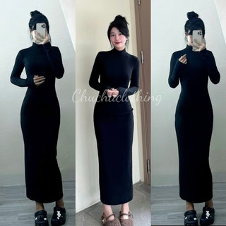 Đầm thun ôm dáng tay dài co cao 3 phan gợi cảm thời trang dành cho nữ có xẻ sau- Chuchaclothing