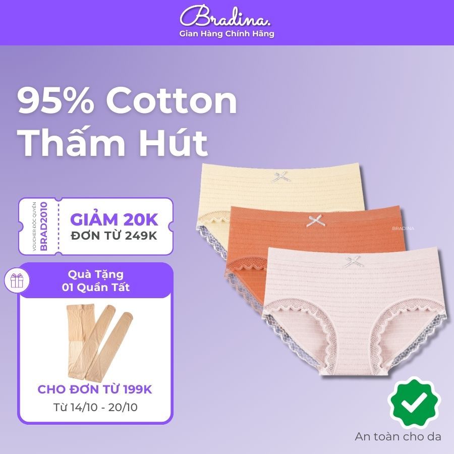 Combo 3 Quần Lót Nữ Bradina Cotton Xốp Thấm Hút Chống Bí, Cạp Vừa Thoải Mái Qlc11