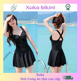 Đồ Bơi Liền Thân Kín Đáo, Đồ Bơi Dáng Váy Che Bụng 2 Dây Chéo Lưng Có Mút Ngực Và Quần Đùi Bên Trong XUKA  XK80