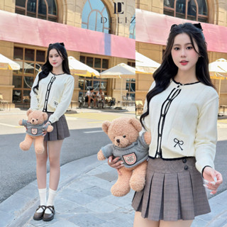 Áo cardigan len mỏng cho nữ tay dài bo ống có túi sườn phối viền đen điệu tiểu thư hàn quốc DELIZ