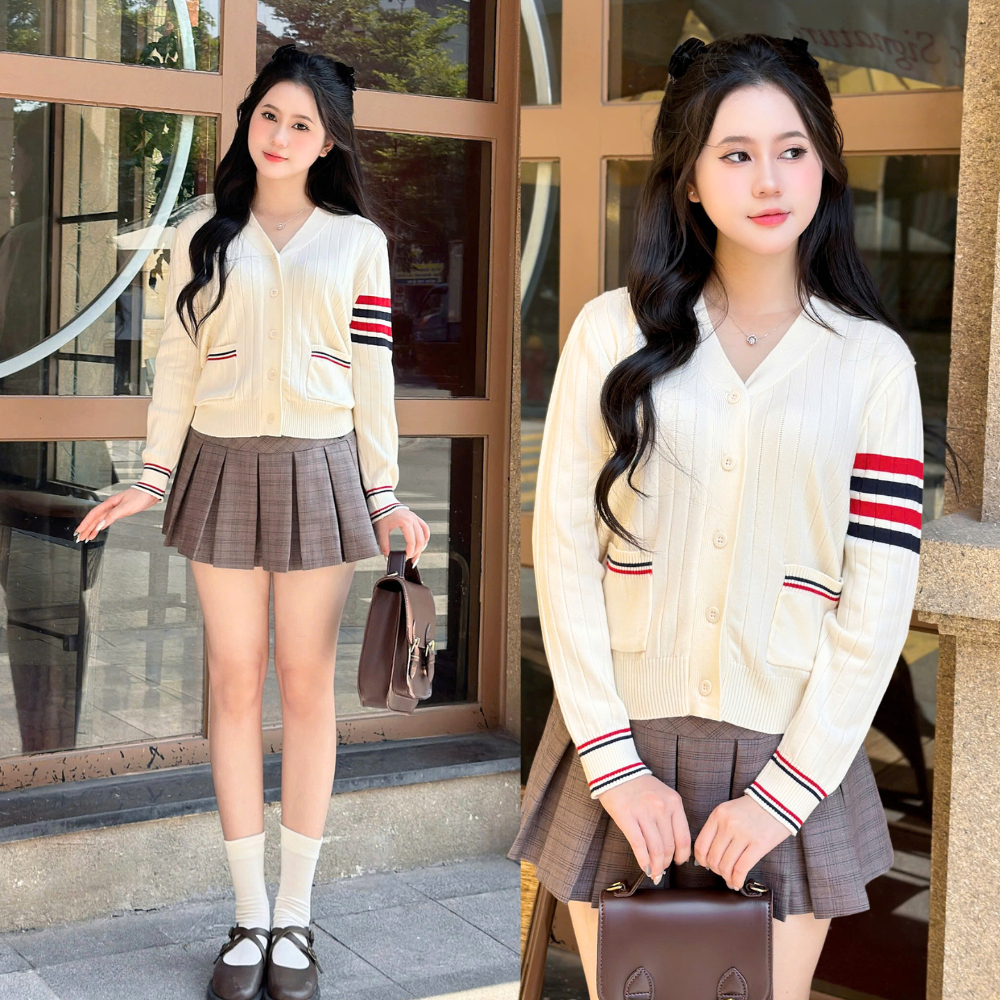 Áo khoác len nữ cardigan thome dáng ngắn cổ tim cài khuy tay dài thời trang hàn quốc cao cấp DELIZ