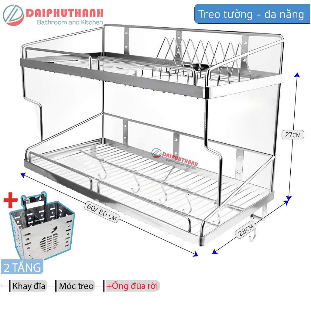 Kệ Bếp Kệ Úp Chén Đĩa Treo Tường Inox SUS304 Đa Năng - Nhiều kích thước từ 70cm đến 1m, loại 1 tầng hoặc 2 tầng