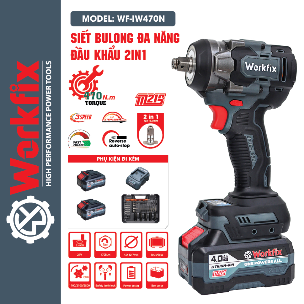 Máy siết bulong, Máy bắn bulong WORKFIX IW470BL, Lực Siết 470Nm, Tặng Kèm 25 món phụ kiện