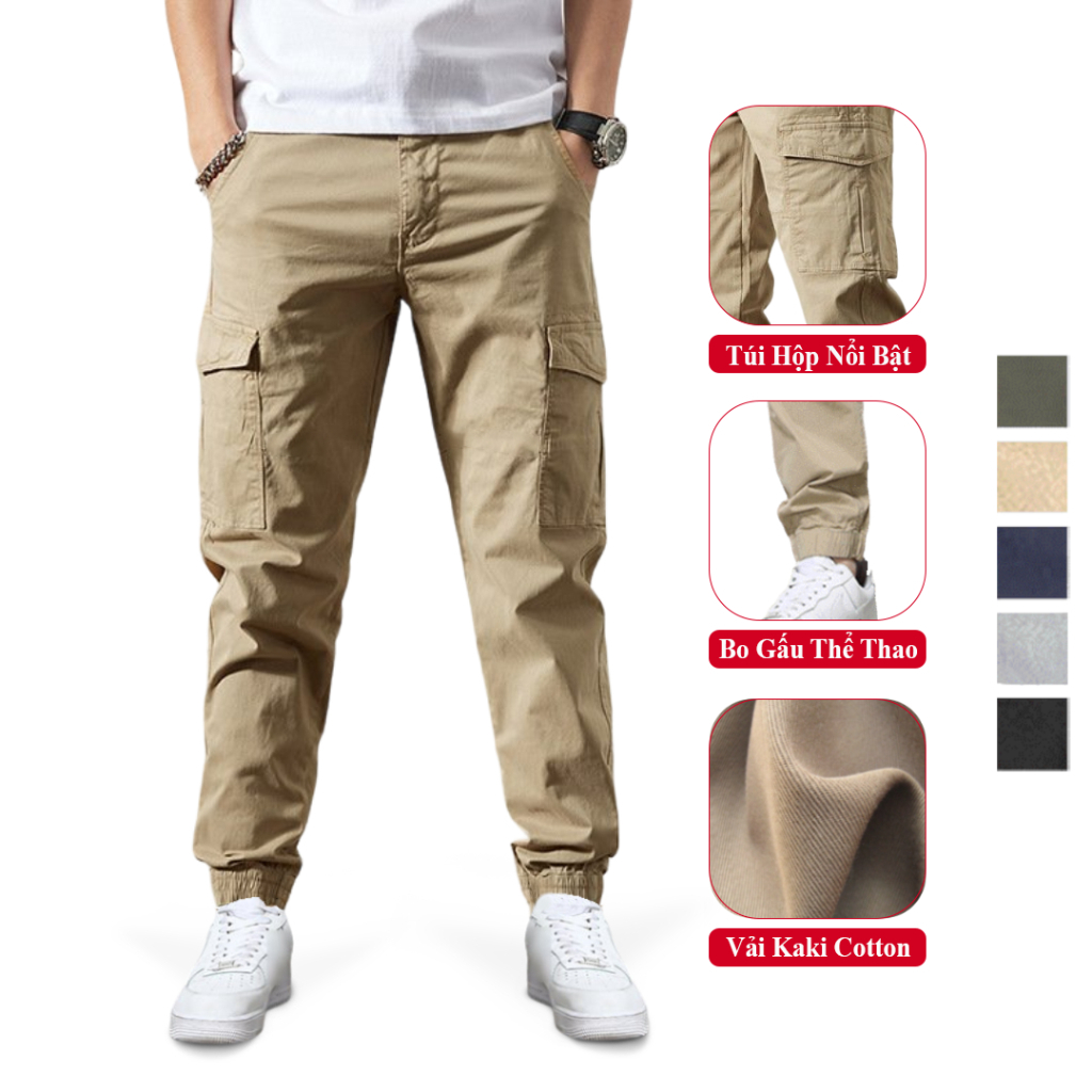 Quần Jogger Kaki Túi Hộp Nam VICENZO Cạp Chun Bo Gấu Cá Tinh. Quần Dài Kaki Jogger Túi Hộp Nam