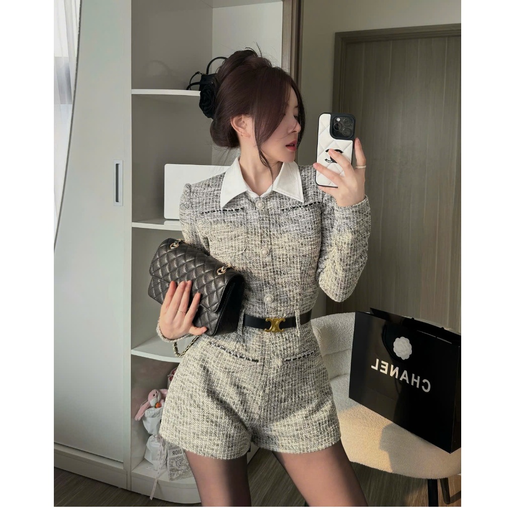  set jum dạ muối tiêu phối cổ sơ mi dài tay Set jumsuit áo dài tay quần đùi kèm belt thiết kế sang chảnh LAN TỰ MAY 