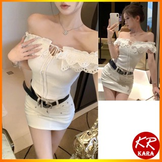 (QC loại 1) Áo Trễ Vai Len Tăm Phối Ren Có Nơ Áo Trễ Vai Ôm Body KARA 536