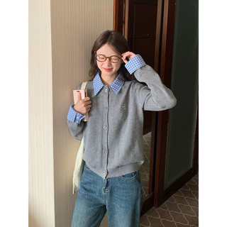 Áo Khoác Cardigan Len Nữ Phối Cổ Sơ Mi Caro Xanh Style Hàn Chất Len Dày Dặn, Áo Khoác Len Nữ Phối Cổ Sơ Mi Thêu Chữ